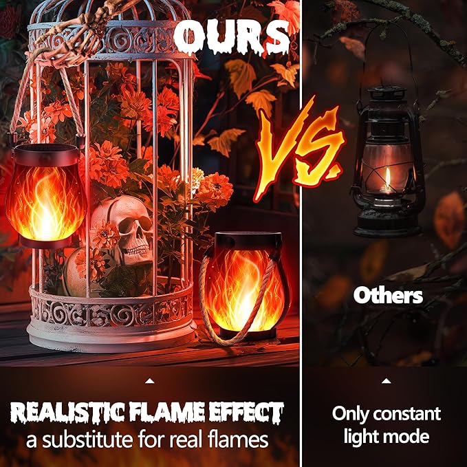 iBaycon 2 Pack Solar Lanterns Lights, Halloween Flickering Flame Garden Lights with 2 Modes Dual Charging USB & Solar, Outdoor Waterproof Hanging Lantern for Party Holiday Halloween Decor (Red)