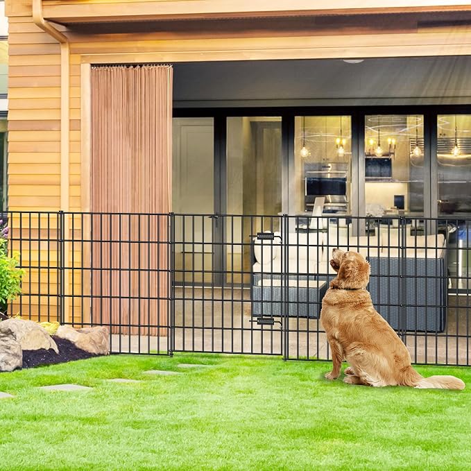 FOREHOGAR Metal Garden Fence with Gate 33.3in (H) x 23.3ft (L), 1 Gate + 9 Panels Dog Fence Border Fence Animal Barrier, No Dig Garden Fencing for Yard Flower Bed Lawn Patio Outdoor, PIN332810G Black