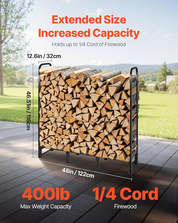 VEVOR Firewood Rack with Waterproof Cover, 4 ft Outdoor Firewood Holder, 1/4 Cord Storage Metal Log Holder, 400lb Max Weight Capacity, Full Covered, Powder-Coated Wood Storage Rack for Fireplace Deck