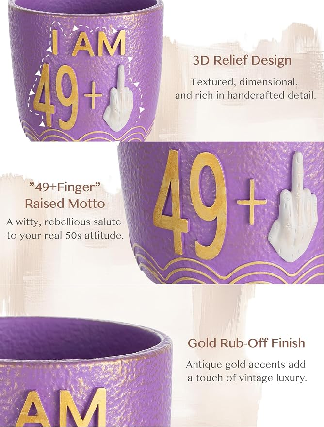 50th Birthday Gifts for Women: Funny 49 + Middle Finger Hand-Painted Planter Present for Turning Fifty - Hilarious 50th Birthday Gifts for Friend Mom - Happy 50th Birthday Decorations