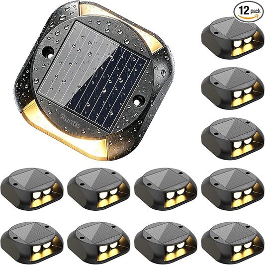Quntis Outdoor Solar Driveway Lights, 20H Extra Bright Path Safety Markers for Large Yards, Weatherproof Warm White Ambiance Lighting for Dark Steps, Sidewalk, Gardens, Pathway & Pool, 12 Pack