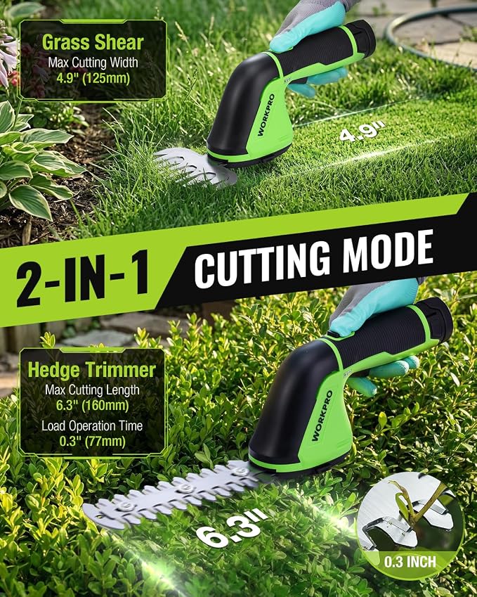 WORKPRO 12V Cordless Grass Shear, 2-in-1 Electric Hedge Trimmer & Grass Cutter, with 2.0Ah Rechargeable Battery, 1-Hour Fast Charger, Lightweight Handheld Bush Trimmer for Lawn and Garden