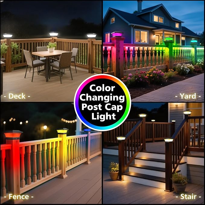 T-SUN 4X4 Post Solar Lights, Outdoor Waterproof RGB Color Changing Light for 4X4 5X5 6X6 Wood/Vinyl/Fence Posts, Deck, Solar Post Lights for Patio Garden Decor or Fence(6 Pack)