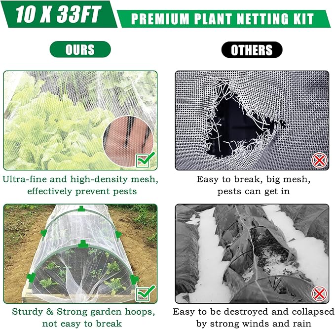10 X 33 FT Garden Mesh Netting Kit Pest Barrier for Raised Beds, Fruit Tree Netting with 6 Sets Garden Hoops & 12 Clips for Cicadas Bird Insect, Blueberry Bush Netting Cover for Garden Protection