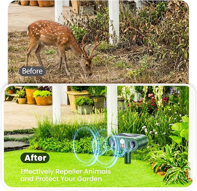 2026 Upgraded Ultrasonic Solar Animal Repellent Outdoor, Deer Repellent Devices Squirrel Cat Raccoon Rabbit Dog Deterrent with Motion Sensor for Yard Garden Lawn