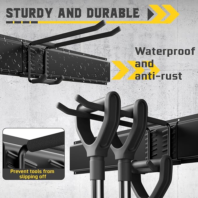 64" Garage Tool Organizer Wall Mount, 900 lbs Heavy Duty Steel Garden Tool Storage Rack with 12 Adjustable Hooks for Yard, Shed, Garage (4 Racks, 12 Hooks, 2 Straps)