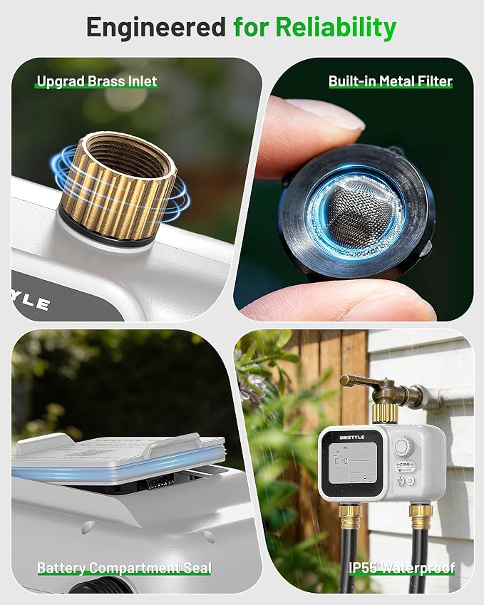 [All-New 2027] 2 Zone Ball Valve Sprinkler Timer Brass Inlet, Low-Pressure Starts at Zero Pressure, Unistyle Water Timer for Garden Hose, Rain Delay, Manual Control, Automatic Irrigation Hose Timers