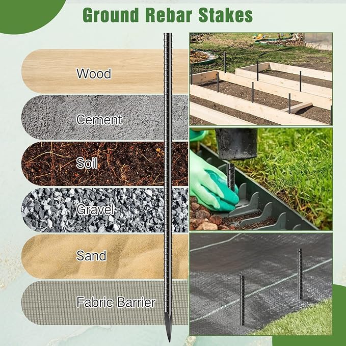 Jetec 24 Pcs 24 Inch Black Ground Rebar Stakes Heavy Duty Ground Anchors Steel Plant Support Garden Stake Long Straight Metal Spikes with Chisel Point End for Garden Concrete Plant Tent