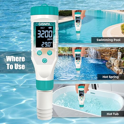 Digital Pool Water Tester, Chlorine Tester & Pool Salt Tester, Pool pH Tester 7 in 1 FAC Digital Salinity Tester for Saltwater Aquarium Sodium Chloride Swimming Pools Hot Tubs Spas