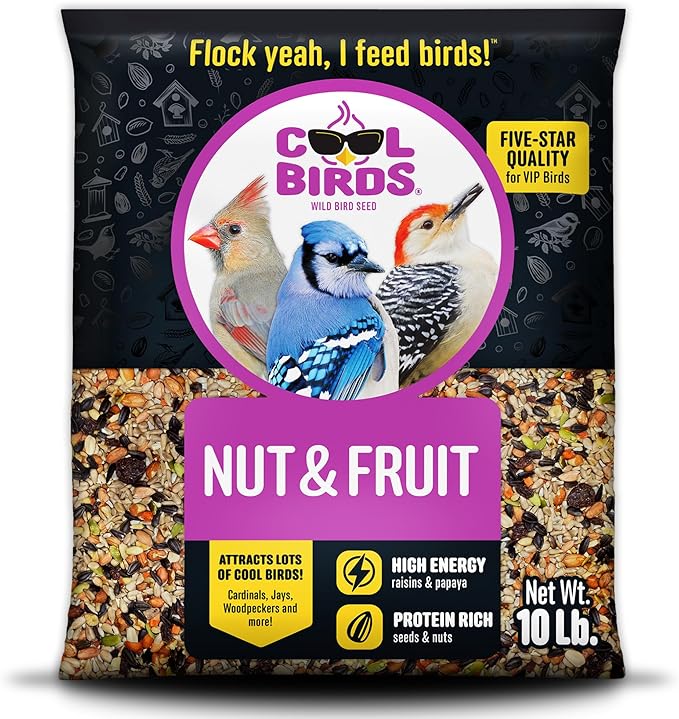 Cool Birds Nut & Fruit Wild Bird Seed – 10 lb. Gourmet Bird Food with Sunflower Hearts, Peanuts, Tree Nuts & Real Fruit – No Corn, Milo or Millet Bird Seed for Outside Feeders