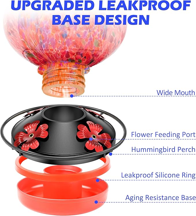 Hummingbird Feeder for Outdoors – Hand Blown Blue Glass Bird Feeder, Leakproof, Easy to Fill & Clean, Decorative Hanging Gift for Garden, Patio, Window, Mom or Gardener 25 Ounces, Red Spotted