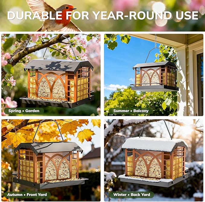 Bird Feeders for Outdoors Hanging, Metal Bird Feeder with Double Suet Cage Weatherproof Metal Roof, 3.5Lbs Large Capacity Great for Attracting Finch Cardinal Chickadee Wild Birds, Pinecone Brown