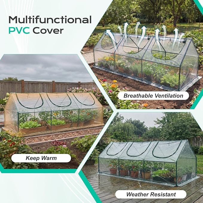 BPS 9x3x3 ft Mini Greenhouse with Transparent PVC Cover UV-Protected Roll-Up Zipper Doors, Ideal for Indoor or Outdoor Use on Raised Garden Beds