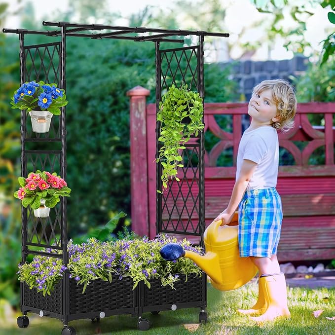 FOLLOOK Planter Box with Trellis Outdoor, 53.1in Plastic Raised Garden Bed with Trellis Hanging Roof for Vine Flower, with Lockable Wheels & Drain Plug for Patio Backyard Balcony, Black, 1 Pc