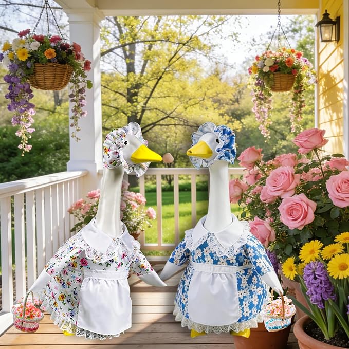 Spring Goose Outfit Flower Porch Goose Clothes for 23" Cement Statue Goose Costume with Daisy Skirt Outdoor Patio Yard Lawn Art Decoration(Blue)