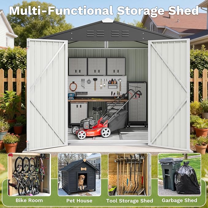 Greesum 8x6FT Outdoor Storage Shed with Base, Utility Tool Shed with Sloping Roof, Metal Storaged Garden Shed with Door & Lock for Patio Storage, White