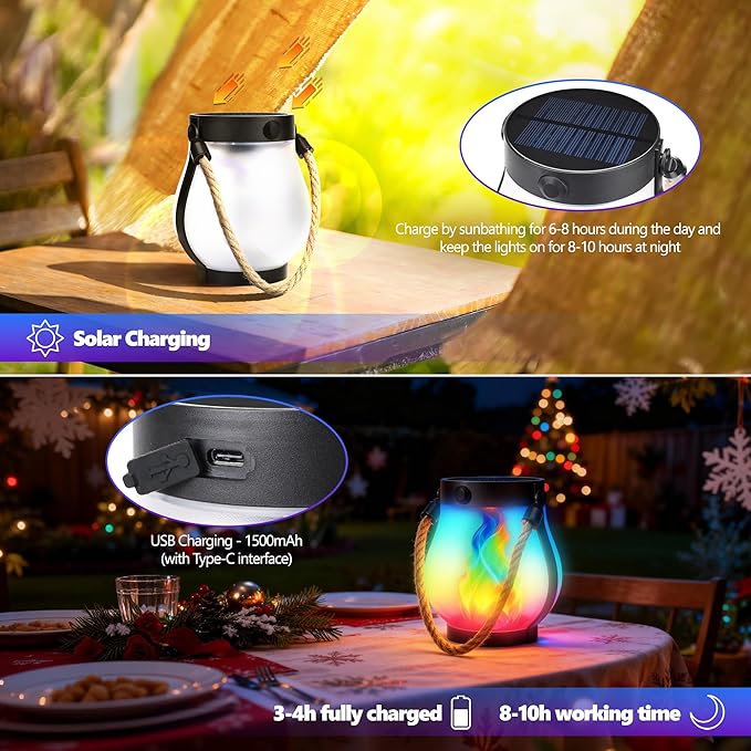 Jyoiat Christmas Solar Flame Lanterns Hanging Outdoor Waterproof - 2 Pack Flame Lanterns with Dual Charging Modes of Solar & USB for Garden or Yard Christmas Decorations (Multicolor - 2 Pack)