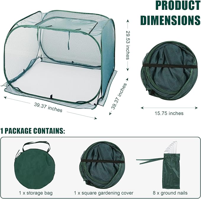 ANC POP 3 Pack Pop Up Mesh Plant Cover, 40'' x 40'' x 30'' Plant Protector for Raised Garden & Flower Bed, Net Cage Plant Guard for Fruits, Vegetables, Seedlings and Herbs, 8 Ground Stakes for Fixing