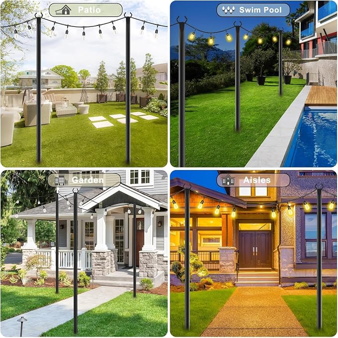 4 Pack String Light Pole,Metal Poles for Hanging Outdoor Light Strings,4 Pack 10 FT Light Poles Stand for Outside Garden,Patio,Wedding,Backyard,Deck,Party