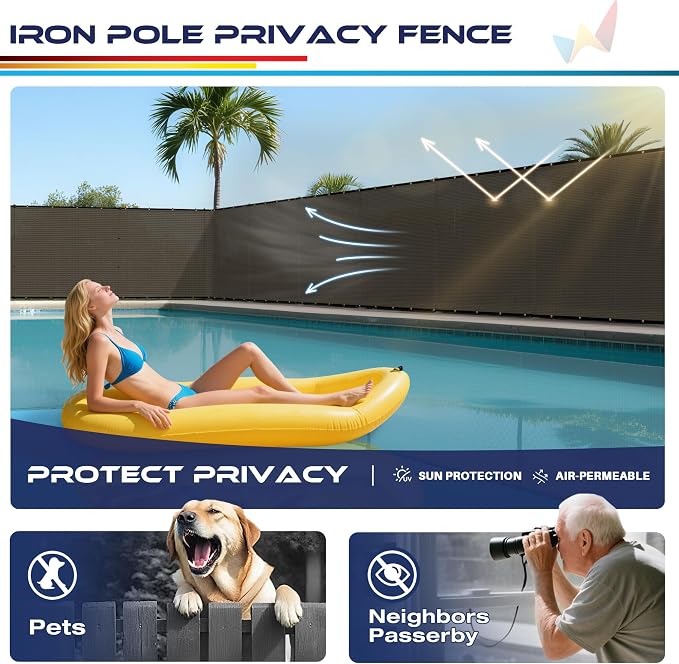Windscreen4less Outdoor Privacy Fence Screen, 6'x22' Freestanding Privacy Fencing Set with Iron Poles and Ground Spikes, UV Resistant Mesh Cover Garden Pet Fencing for Backyard Patio Pool, Brown