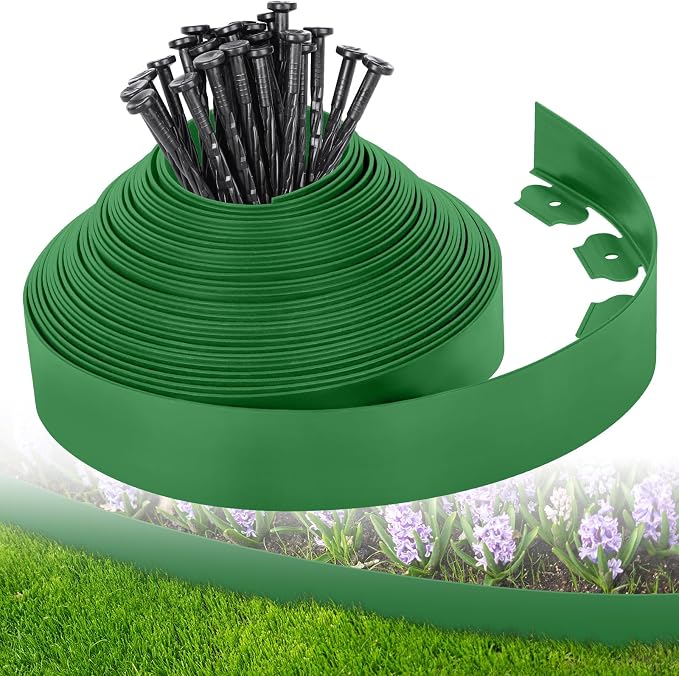 3-Inch x 50 FT Landscape Edging Border with 75 Stakes, Garden Border Edging Kit, Flexible Plastic Edging Border for Garden Flower Beds Lawn Yard Paver Pathway (Green)