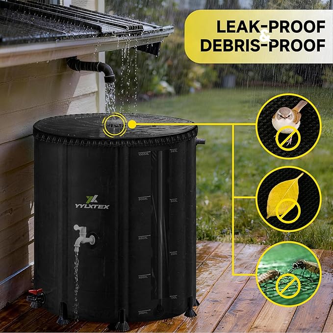 100 Gallon/380L Collapsible RainWater Collection Barrel,Water Tank&Reinforced with 2mm Frame Portable Rain Catcher,Includes Quick-Connect Tap&Sprinkler,Heavy Duty 0.6mm PVC for Long-Lasting Use,Black