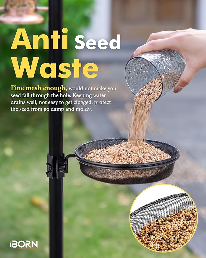 iBorn Bird Feeders Station Mesh Tray and Ring for 1” Pole Stand Station Outdoor Accessory for Humming Bird Feeders for Outside,5SECOND to Install,Fit for 1 Inch Pole,1 Inch Wooden Stick,Pack of 1