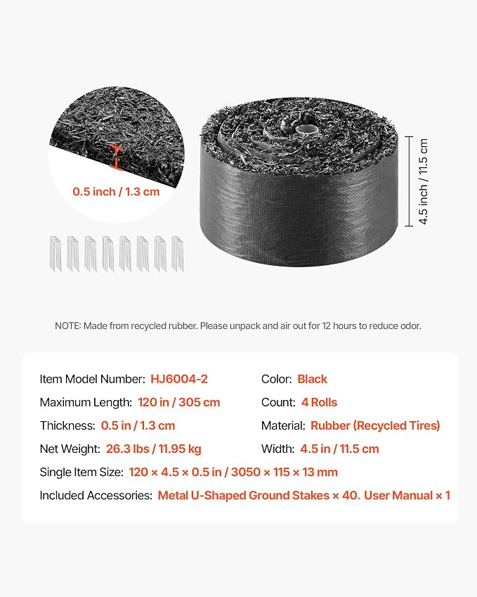 VEVOR Rubber Mulch Mat Roll, 4 Rolls 120 x 4.5 in, Recycled Rubber Permanent Mulch Edging Border, Natural-Looking Flower Barrier with Stakes, 0.5 in Thick Cuttable Garden Edgings for Landscaping