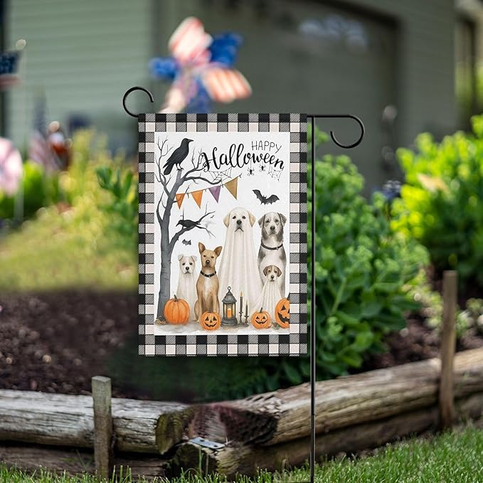 Happy Halloween Dogs House Flag 28x40 Inch Double Sided Outside Pumpkin Lantern Raven Black Buffalo Plaid Seasonal Yard Outdoor Flag Banner for Garden Lawn Patio Holiday Decorations