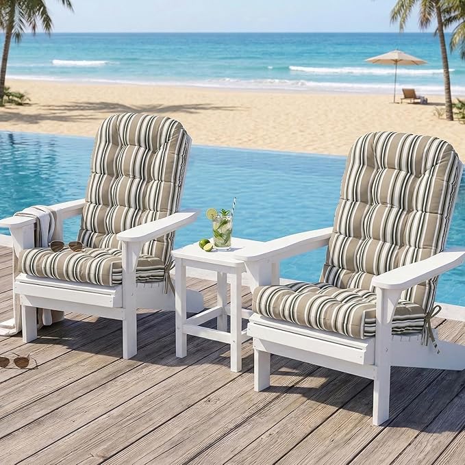 COOS BAY High Back Adirondack Chair Cushions for Outdoor Furniture, 49x20x5 in Water-Resistant Thick Tufted Patio Chair Cushions with Secure Straps, Set of 2, Beige Stripes