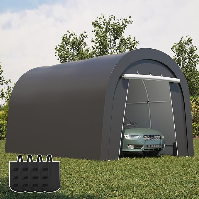 FansaFurn Domed Carport with 4 Cloth Bags, Portable Garage with 2 Roll-up Doors, Heavy Duty Car Canopy Party Tent, All-Season Storage Shelter Shed for Cars, Truck, or Garden Tools, 10' x 15'