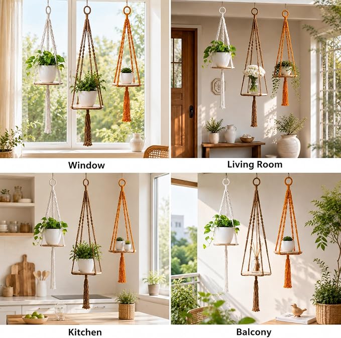 Artilady 3 Pack Hanging Planter with Wood Shelf, Macrame Plant Hanger for Indoor Boho Plants Basket Holder for Window Balcony Kitchen