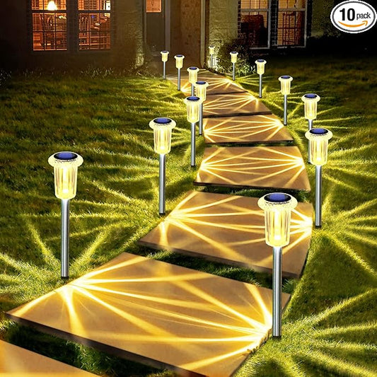DenicMic Solar Garden Lights Outdoor Waterproof 3000K Warm White LED 10Pack | Pathway Walkway Driveway Yard Garden Decor for Outside Starburst Pattern, Acrylic Diamond-like Lampshade Stainless Steel Pole