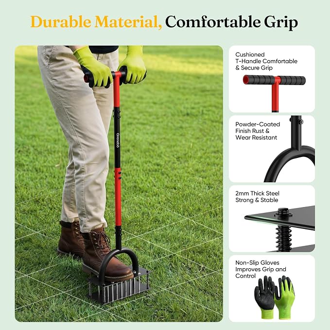 Grenebo Lawn Aerator Manual Aerator Lawn Tool with 16 Spikes, Metal Grass Aerator for Yard, Lawn Aeration, Automatic Soil Ejection, Pre-Assembled Lawn Aerator Tool (Black Red)