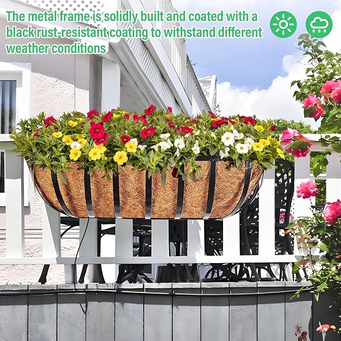 Legigo 2 Pack 16 Inch Window Box Deck Railing Planter with Coconut Liner, Balcony Rail Planters Horse Trough Window Planter Boxes, Metal Railing Hanging Flower Baskets for Outdoor Porch Fence Patio