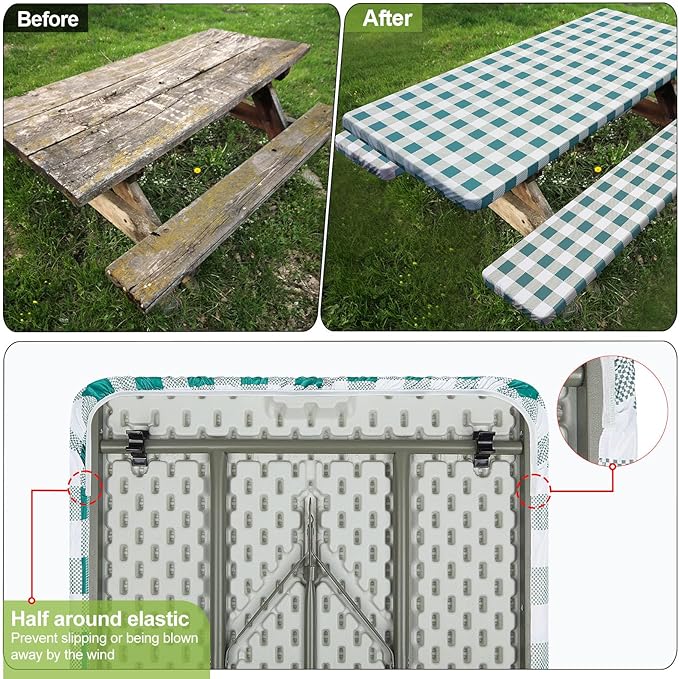 Picnic Table Cover with Bench Covers Camping Essentials Waterproof Windproof Camping Tablecloth with Drawstring Bag, Fitted Rectangle Tables and Seats, 96in, White Green Checkered