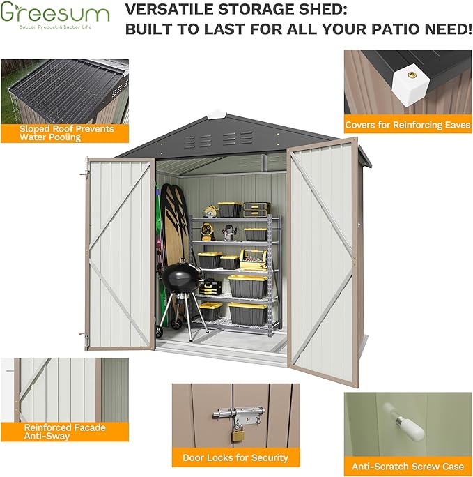 Greesum 6x4FT Outdoor Storage Shed with Base, Utility Tool Shed with Sloping Roof, Metal Storaged Garden Shed with Door & Lock for Patio Storage, Brown