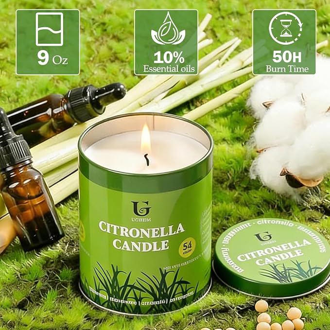Citronella Candles Outdoor (9oz, 4 Packs) Natural Soy Wax Camping Candles, 50 Hours Long Burn Time, Plant-Based Essential Oil Large Lemongrass Candle for Patio, Deck, Garden, Backyard, Home Indoor