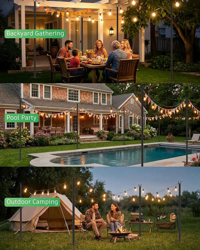 LAND·VOI Outdoor String Light Poles 1 Pack, Heavy Duty String Light Poles for Outside with 5-Prong Base & Adjustable Height, Perfect for Backyard, Patio, Garden, Fence and Party Decor
