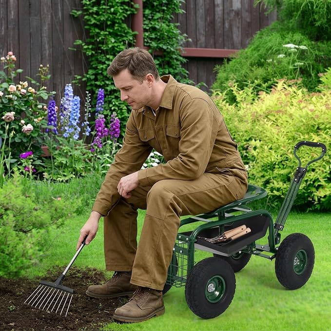 Rolling Garden Work Seat with Wheels, 400lbs Heavy Duty Garden Cart, 360° Swivel Adjustable Height Rolling Stool, Extendable Handle, Storage Basket & Tray for Gardening, Lawn Care, Adults & Seniors