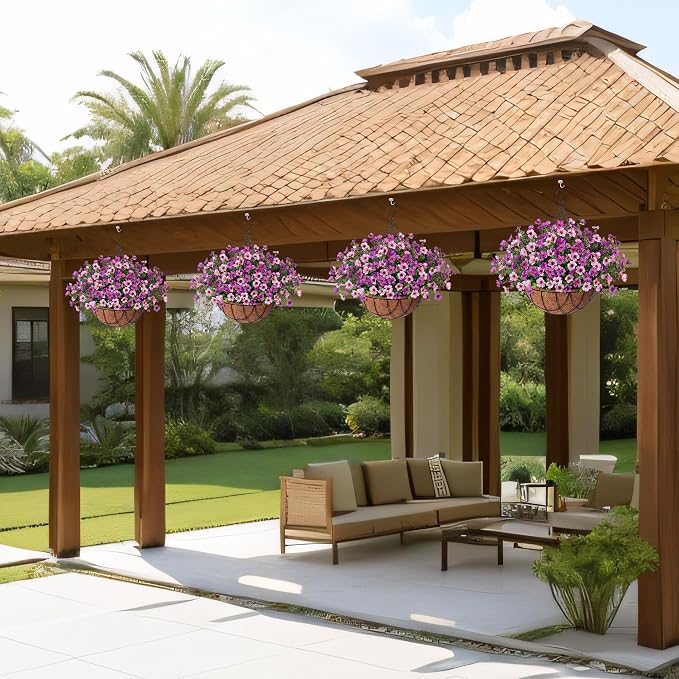 INXUGAO Artificial Silk Flowers Hanging Basket for Outdoor Indoor, Daisy with Eucalyptus Leaves Arrangement for Garden Yard Spring Decor, Faux Green Plant in Metal Coconut Lining Pot(Purple Pink)