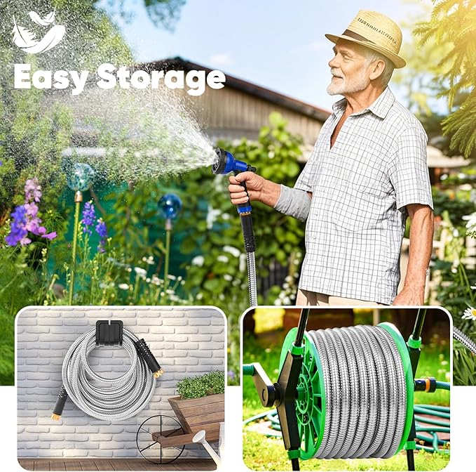 Garden Hose 50 ft, Heavy Duty Stainless Steel Metal Hose, Flexible Water Hose with 10 Function Nozzles, Kink Free, Leak-Proof, Easy to Use and Store for Outdoor, Yard, Lawn, RV, Car Wash