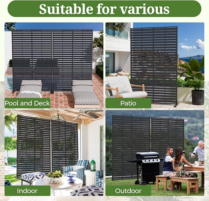 Privacy Screen Outdoor 72" Hx47 W Freestanding Privacy Panel with Stand, HDPE Decorative Privacy Fence with Sandblasting Louver Pattern, Patio Divider Screen, Privacy Screens for Outside