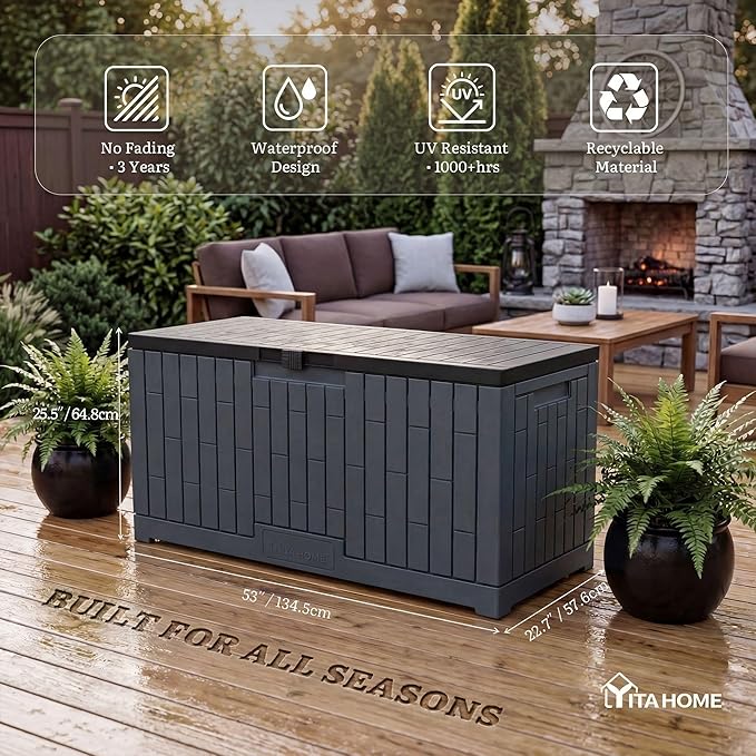 YITAHOME Large Outdoor Storage Box, 120 Gallon Waterproof Resin Deck Box w/Slide-Locking Black Lid, Patio Storage Bin and Bench Seat for Garden Tools, Cushions &Pool Supplies, Easy Assembly, Dark Gray