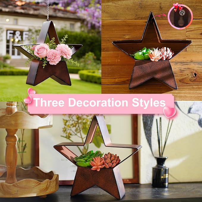 Metal Plant Hangers Indoor and Outdoor: Birthday Gifts for Mom Women Her Wife Garden Lovers - Star Shape Hanging Planters for Window Wall Living Room Office Decor(Rustic)