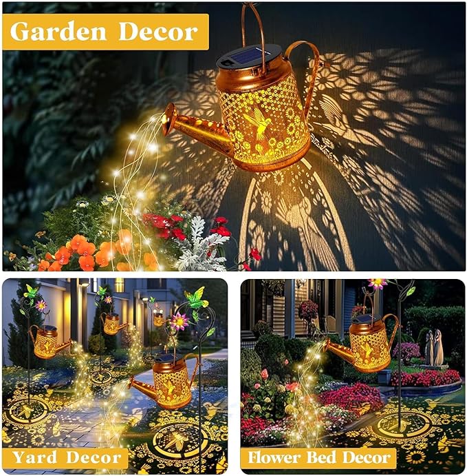 Solar Lanterns Outdoor Waterproof, Gift for Mom Grandma Women Wife Daughter Mother's Day, Hummingbird Sunflower Watering Can lights with Shepherd Hook, Hanging Lantern, Solar Path Light Outdoor Decor