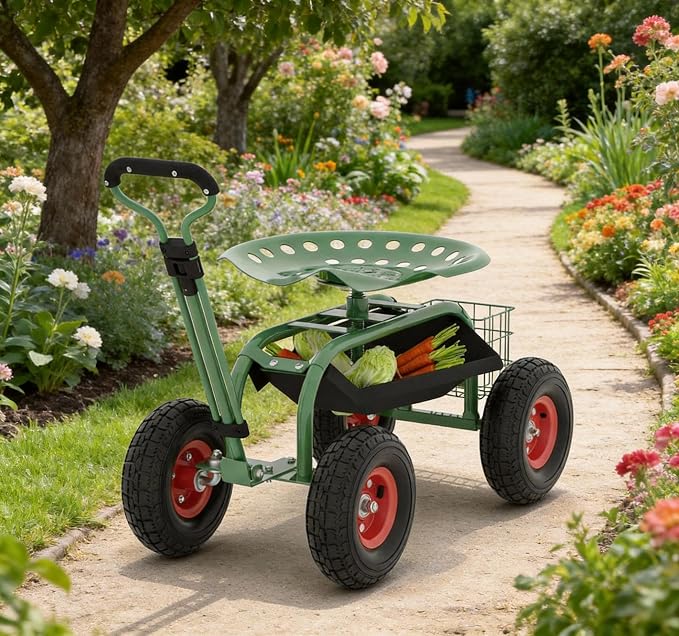 Garden Scooter Rolling Work Seat, 360° Swivel Heavy Duty Garden Cart with 10-Inch All-Terrain Inflatable Tires, Extendable Steering Handle & Metal Tool Tray for Planting, Weeding, Yard Work