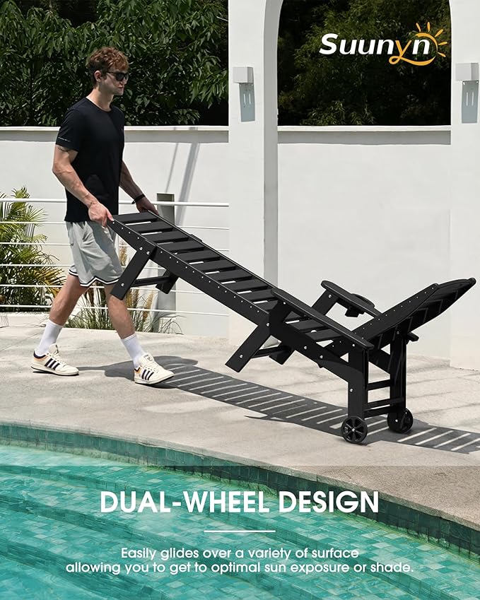 Chaise Lounge Outdoor, Lounge Chair Outdoor with Wood Texture, Adjustable 5-Position Backrest, HDPE Lounge Chair with Wheels & Cup Holder for Pool Deck Backyard, Black