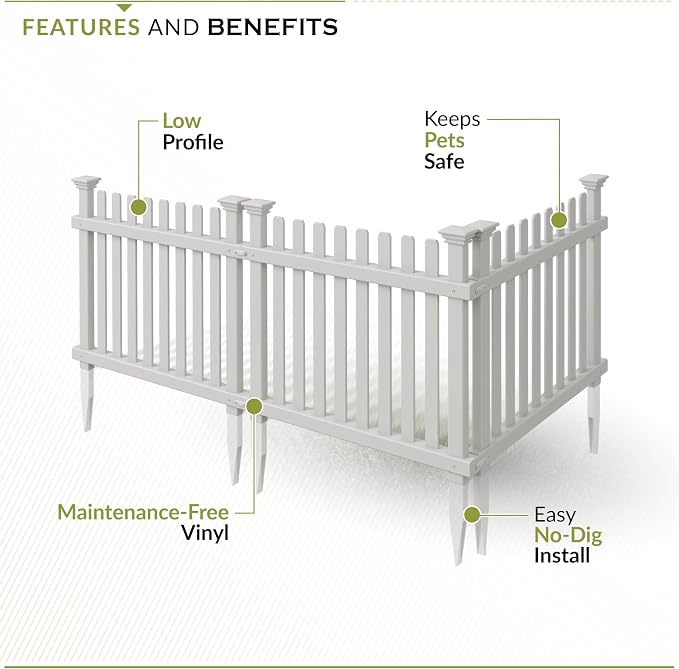 2ft H x 2ft W (3 Panels) No Dig Zippity Roger Rabbit Garden Fence Kit, White Vinyl Picket Panels, Garden Border and Edging for Dogs, Outdoor Dog Barrier for Yard, ZP19056