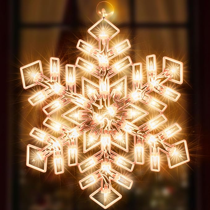 Christmas Window Silhouette Lights, Lighted Snowfalke Double Sided Decorations with 50 Count Incandescent Mini Light for Holiday Indoor Wall Door Glass Decor